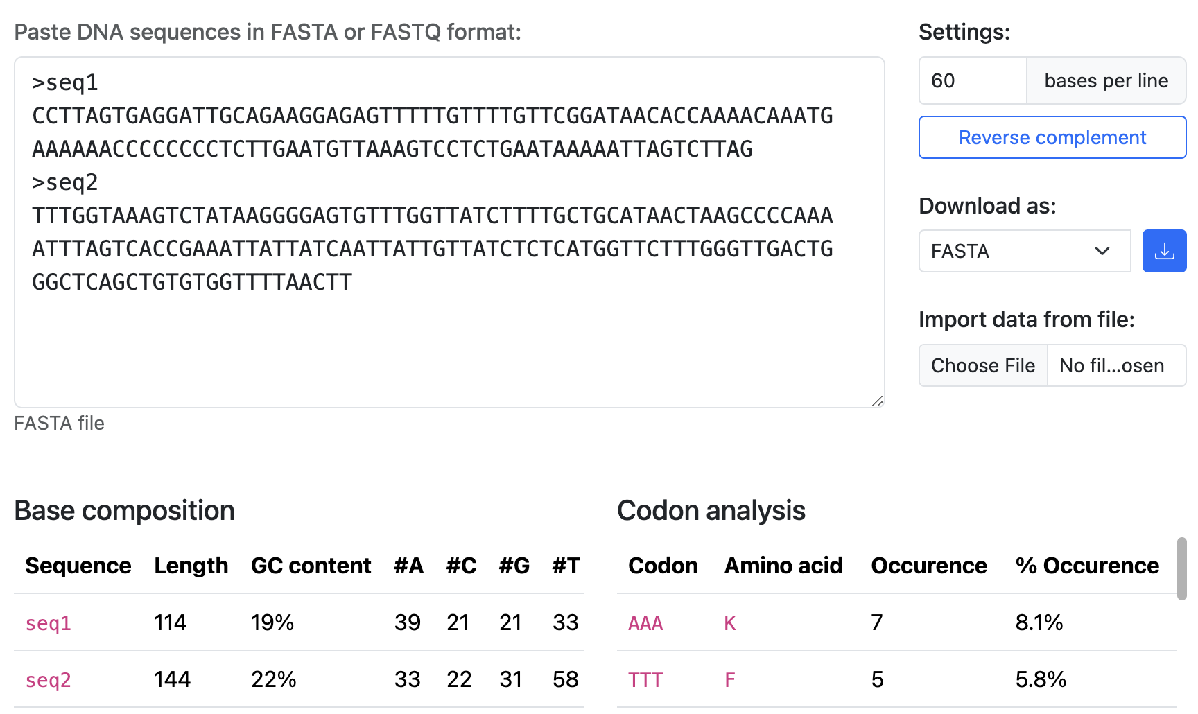 Interface that calculates GC content, codon usage, and reverse complement.
