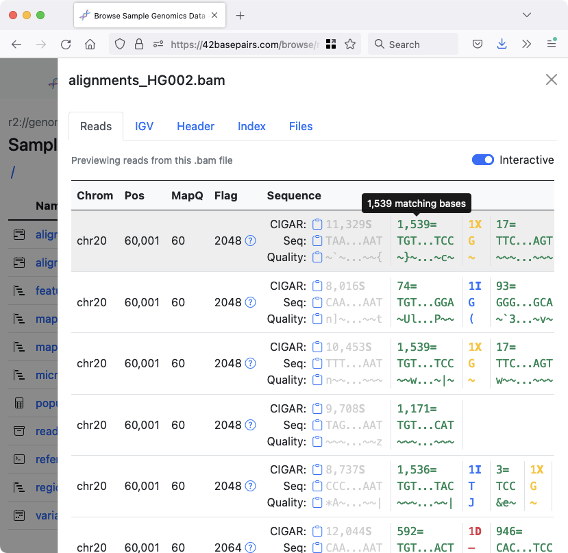 Supports popular formats (<code>.bam</code>, <code>.vcf</code>, <code>.bed</code>, <code>.fa</code>, <code>.fastq</code>, <code>.gff</code>, <code>.wig</code>, <code>.xls</code>, <code>.csv</code>, <code>.gz</code>, <code>.md</code>, etc.)