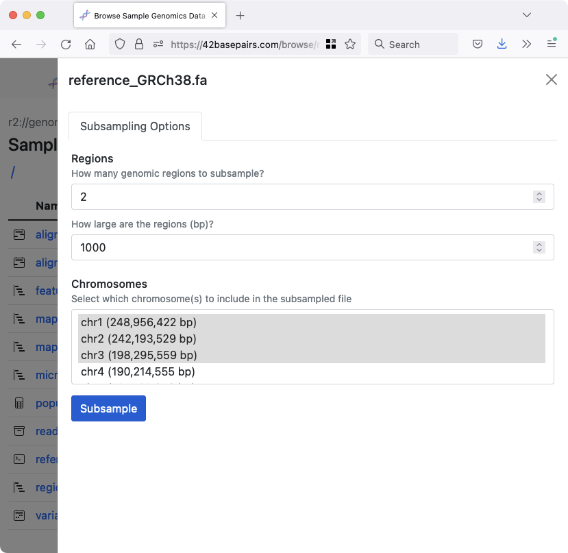 Download small, representative subsets of large indexed genomics files (<code>.fasta</code>, <code>.bam</code>, <code>.vcf</code>, etc.)